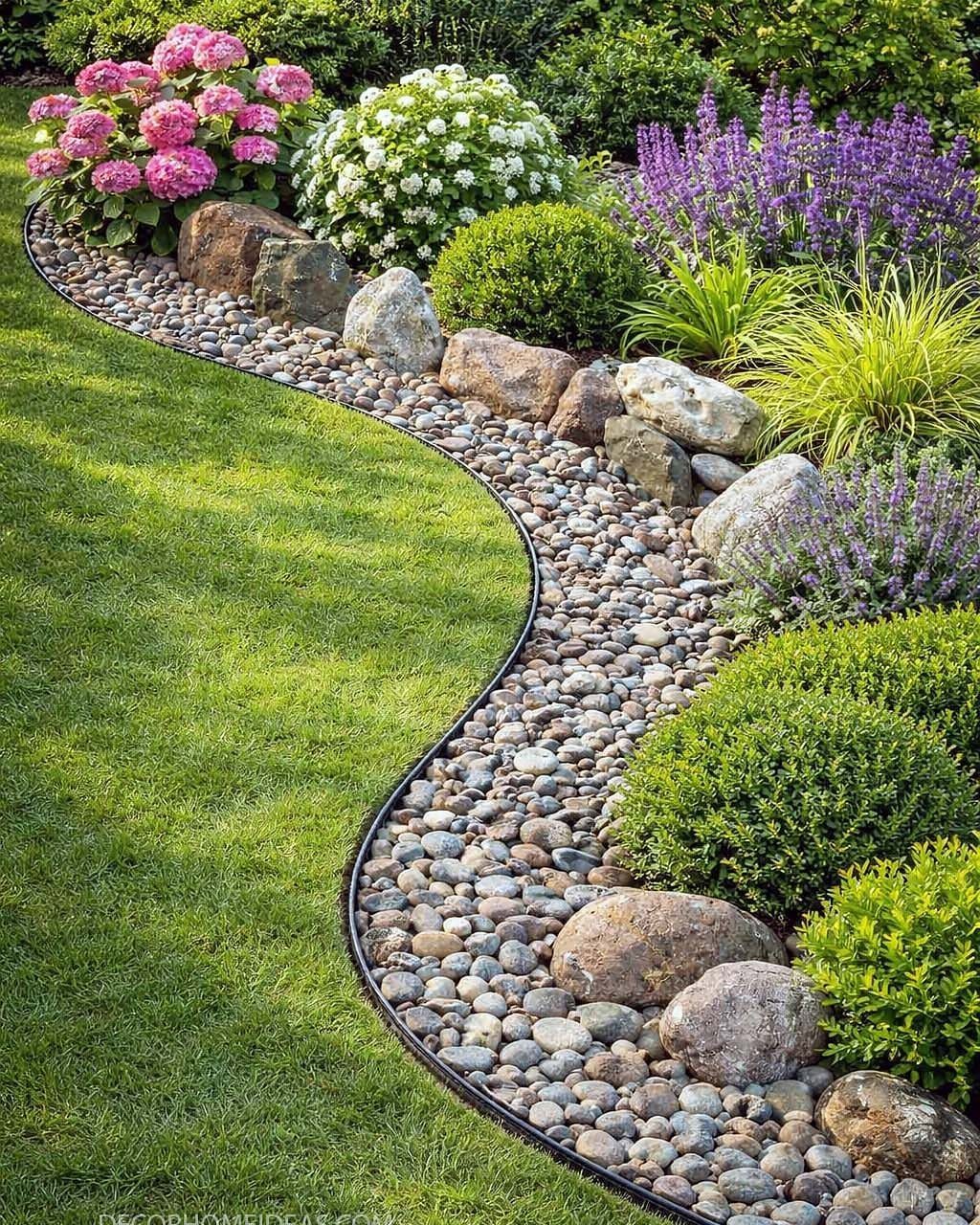 16 Lawn Border Ideas from Steel to Glass Bottle Edges 2 A winding river stone garden border separates a lush green lawn from colorful flowering shrubs.