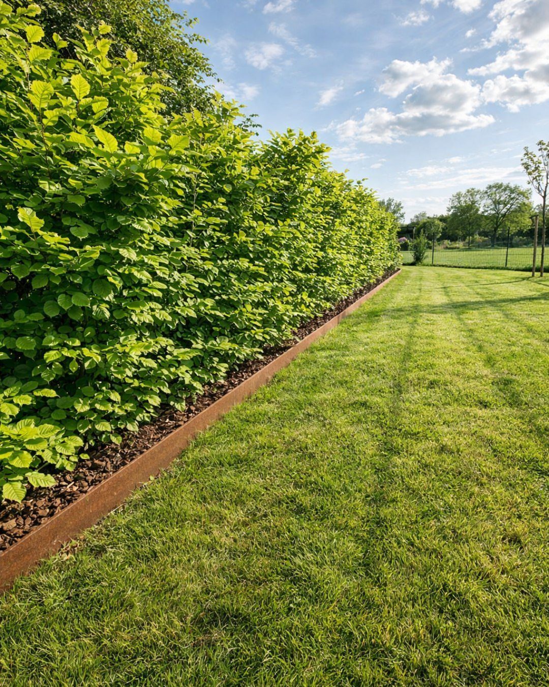16 Lawn Border Ideas from Steel to Glass Bottle Edges 11 A manicured green hedge border running alongside a lush green lawn under a blue sky.