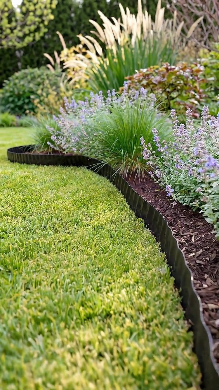 16 Lawn Border Ideas from Steel to Glass Bottle Edges 8 Black wavy plastic edging separating a green lawn from a mulched garden bed with purple flowers.