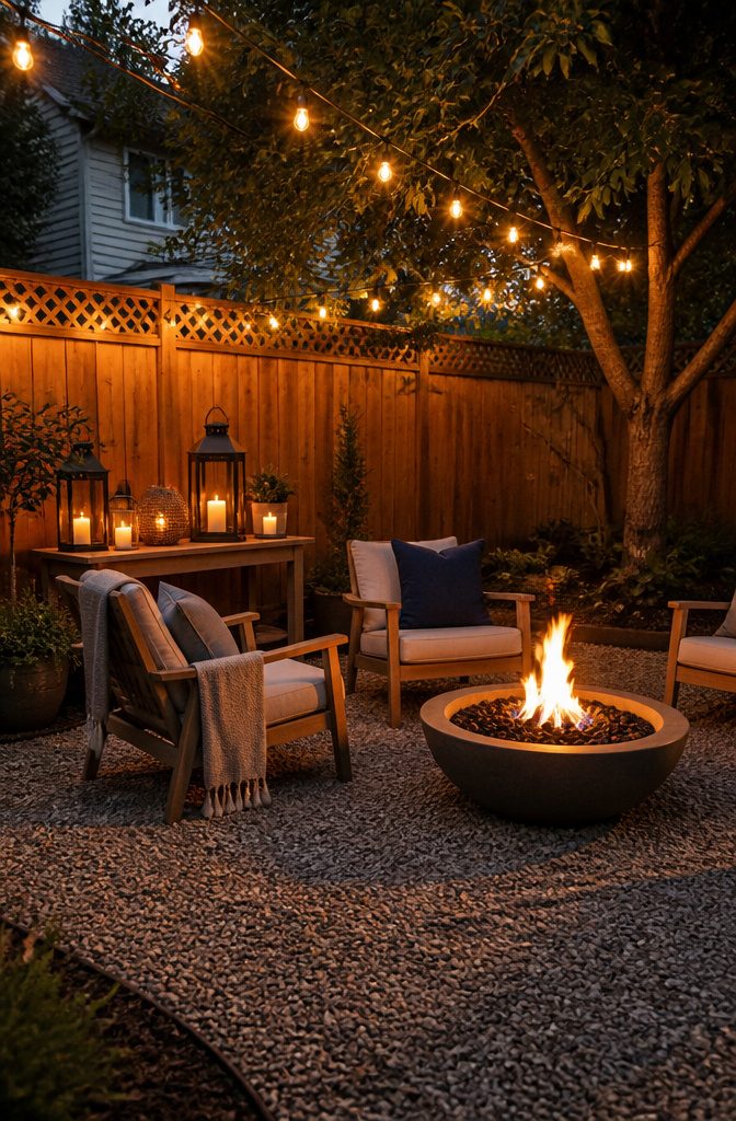 10 Little Backyard Ideas That Maximize Every Square Foot in 2026 8 Twinkling string lights illuminating a small patio area.