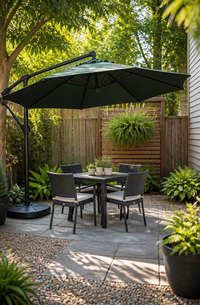 10 Little Backyard Ideas That Maximize Every Square Foot in 2026 10 A cantilever umbrella over a small outdoor dining set.
