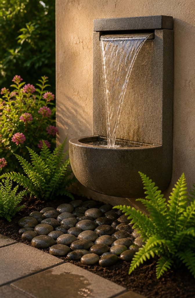 10 Little Backyard Ideas That Maximize Every Square Foot in 2026 5 A wall-mounted fountain in a small backyard setting.