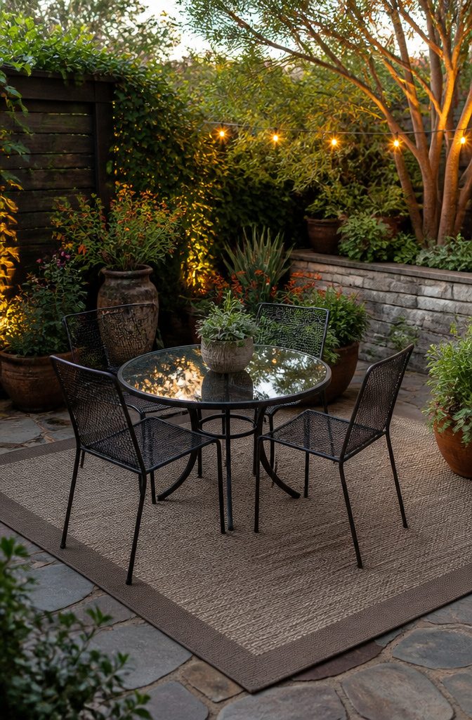 10 Little Backyard Ideas That Maximize Every Square Foot in 2026 12 A glass-top table and elegant chairs in a small garden.