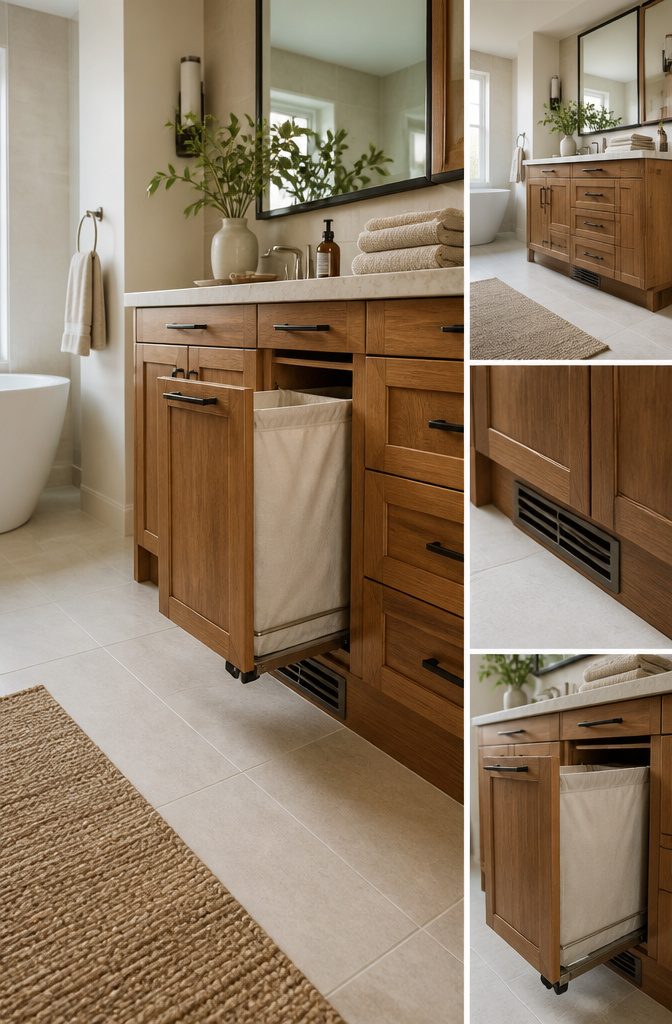 10 Master Bath Storage Ideas That Use Built-In Space (2026) 6 A cabinet with a pull-out frame for a laundry hamper in a bathroom.