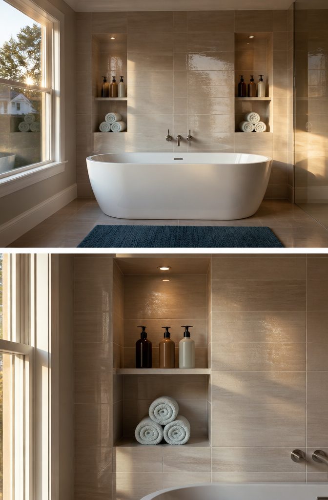 10 Master Bath Storage Ideas That Use Built-In Space (2026) 1 Recessed wall shelving next to a bathtub storing toiletries and towels.