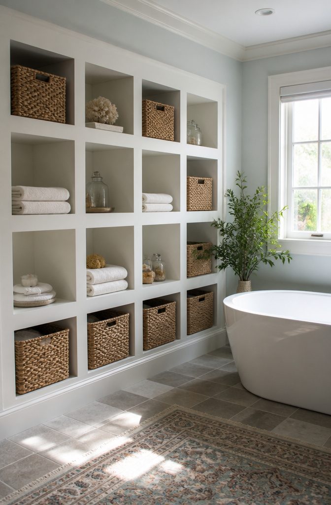 10 Master Bath Storage Ideas That Use Built-In Space (2026) 8 Cubbies with woven baskets for organized storage in a master bath.