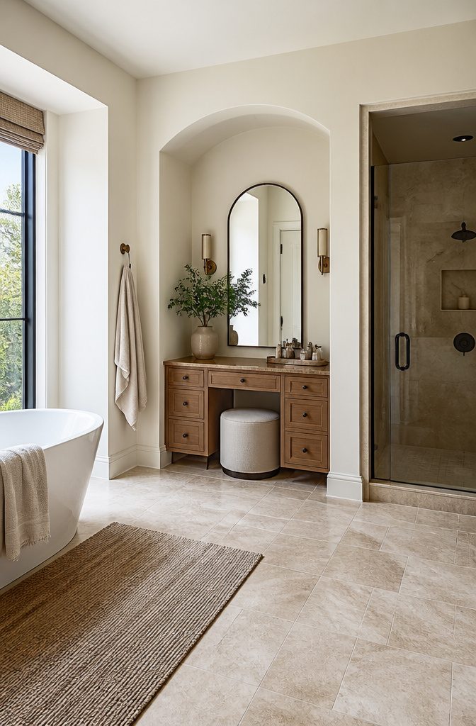 10 Master Bath Storage Ideas That Use Built-In Space (2026) 5 A spacious vanity area designed for comfort while seated.