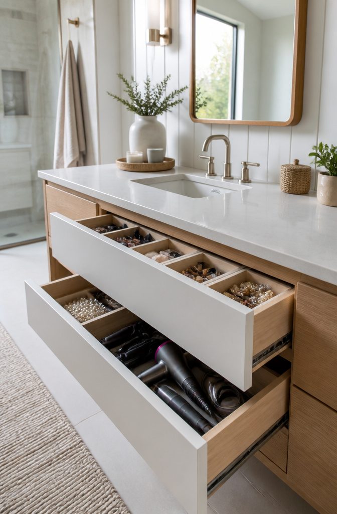 10 Master Bath Storage Ideas That Use Built-In Space (2026) 4 Deep drawers in a modern bathroom vanity showcasing organized storage.