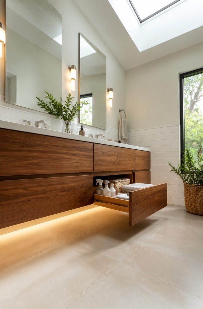 10 Master Bath Storage Ideas That Use Built-In Space (2026) 9 A wall-mounted floating vanity providing open floor space underneath.