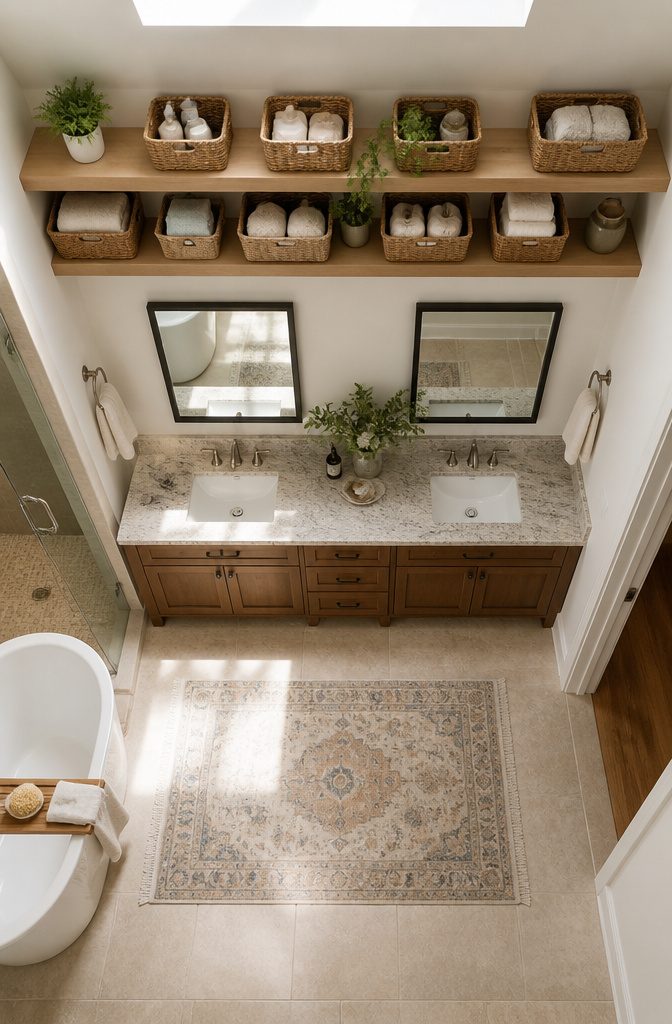 10 Master Bath Storage Ideas That Use Built-In Space (2026) 11 Shelves above cabinets filled with woven baskets for additional storage.