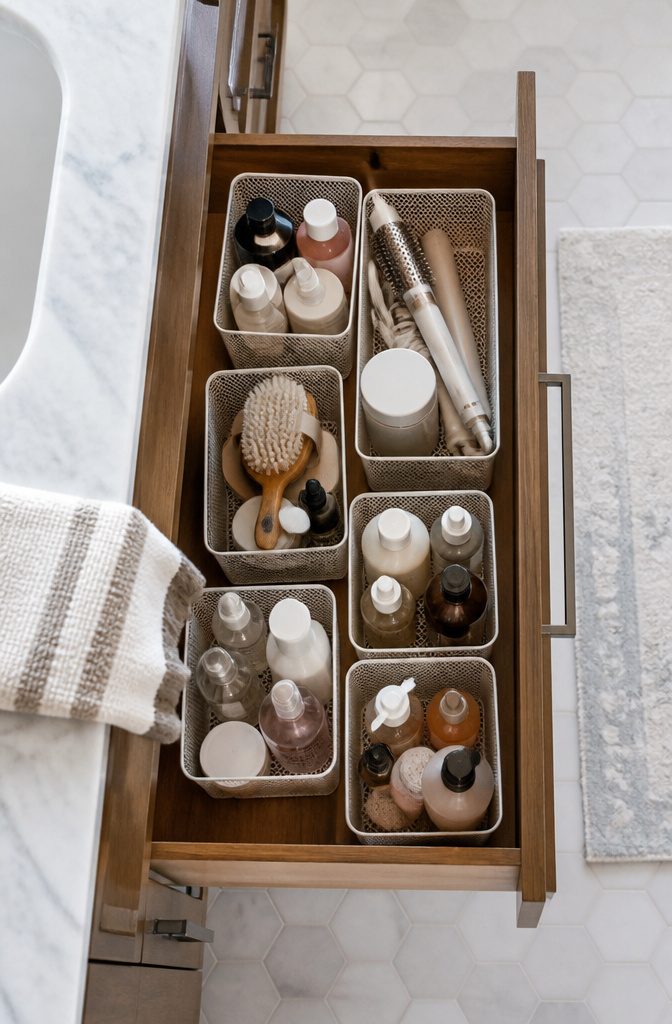 10 Master Bath Storage Ideas That Use Built-In Space (2026) 14 Various storage bins and containers organized under a bathroom sink.