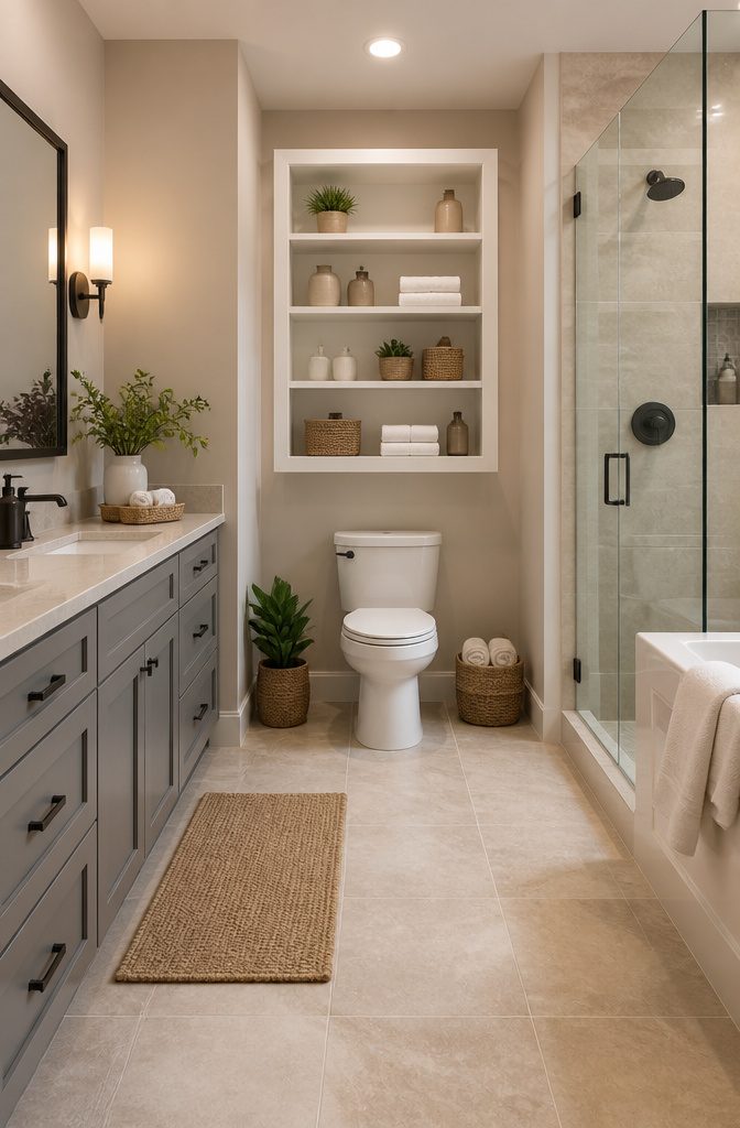 10 Master Bath Storage Ideas That Use Built-In Space (2026) 7 Shelves and a cabinet positioned above a toilet for bathroom storage.