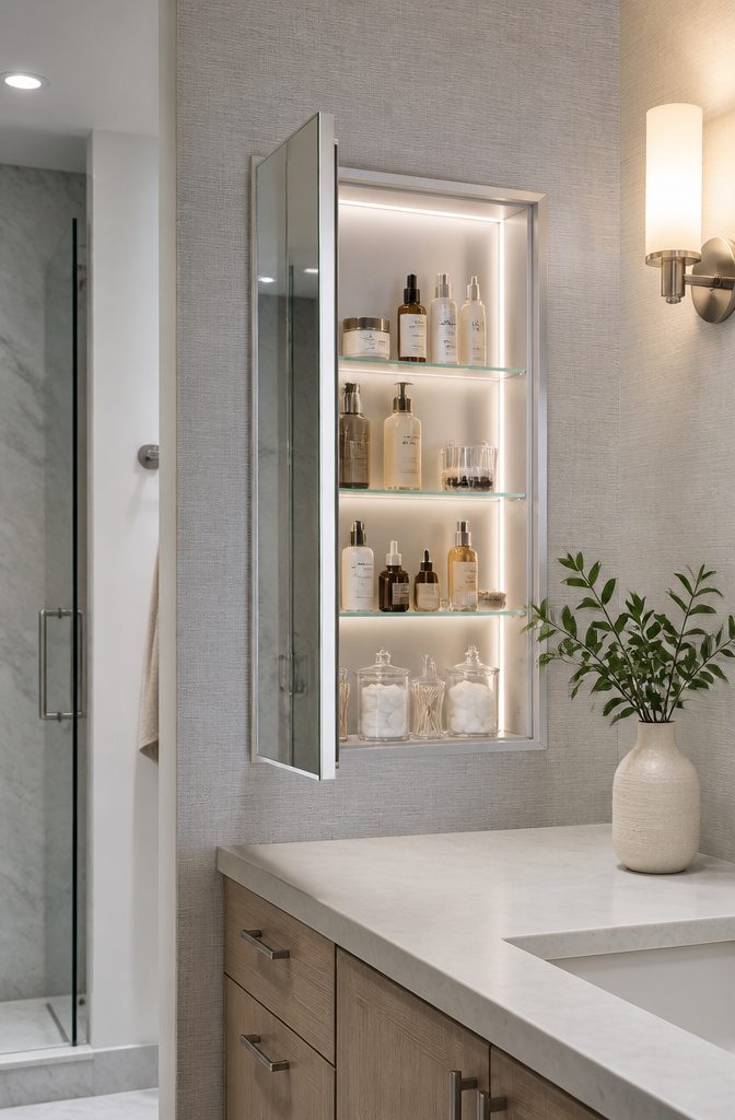 10 Master Bath Storage Ideas That Use Built-In Space (2026) 2 A mirrored recessed medicine cabinet integrated into a stylish bathroom wall.