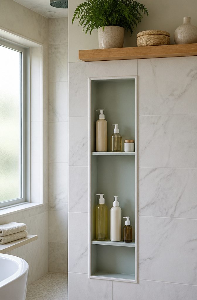 10 Master Bath Storage Ideas That Use Built-In Space (2026) 3 A wall niche displaying toiletries with a shallow design for easy access.