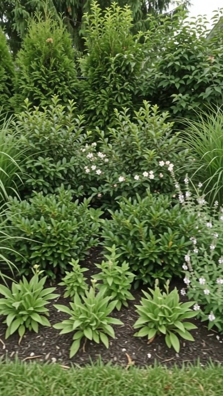 Green shrubs and ornamental grasses growing in a mulched garden bed.