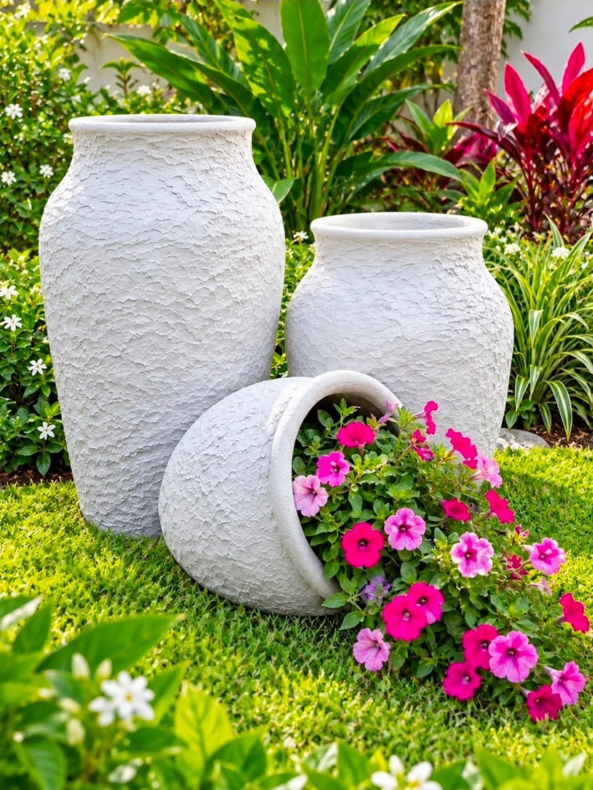 Three large white textured pots on a green lawn with pink petunias spilling from one.