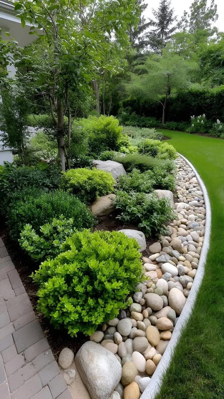 Lush green shrubs and trees planted in a garden bed bordered by smooth river rocks.