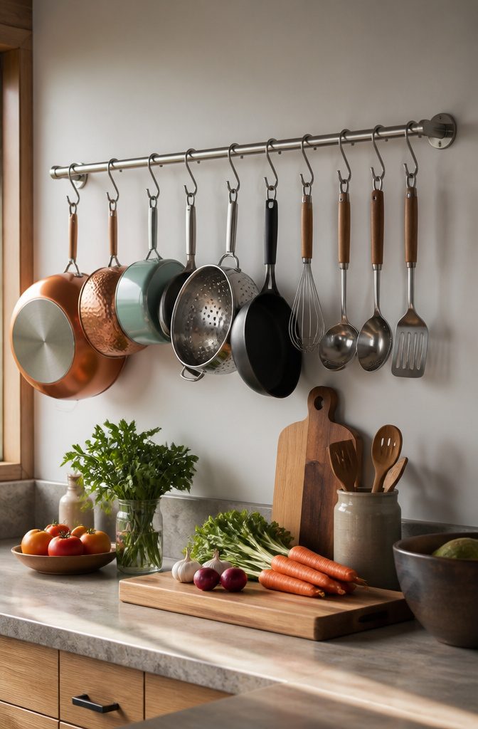 15 No Kitchen Cabinets Storage Ideas for 2026 10 A curtain rod holding pots and utensils above a kitchen counter.