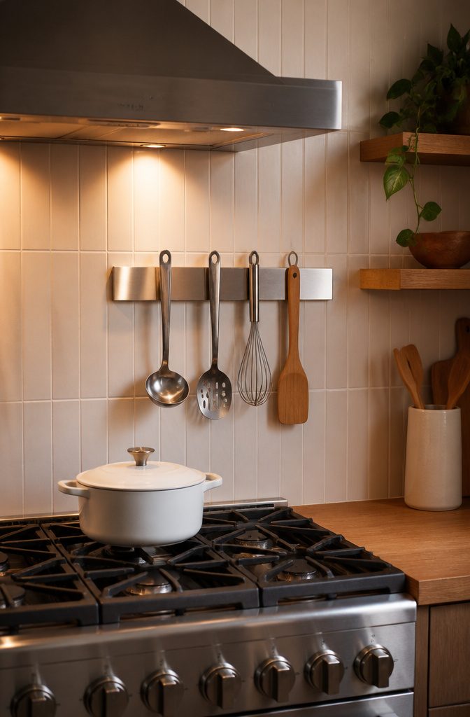 15 No Kitchen Cabinets Storage Ideas for 2026 2 A magnetic strip holding cooking utensils behind a stove.