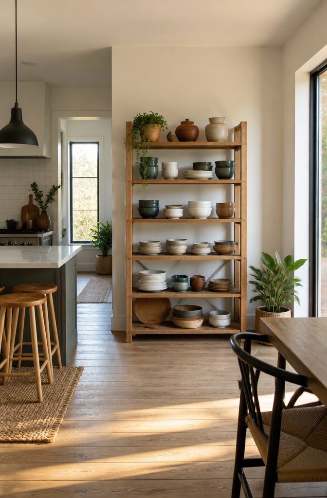 15 No Kitchen Cabinets Storage Ideas for 2026 13 A freestanding open shelving unit filled with jars and kitchen supplies.