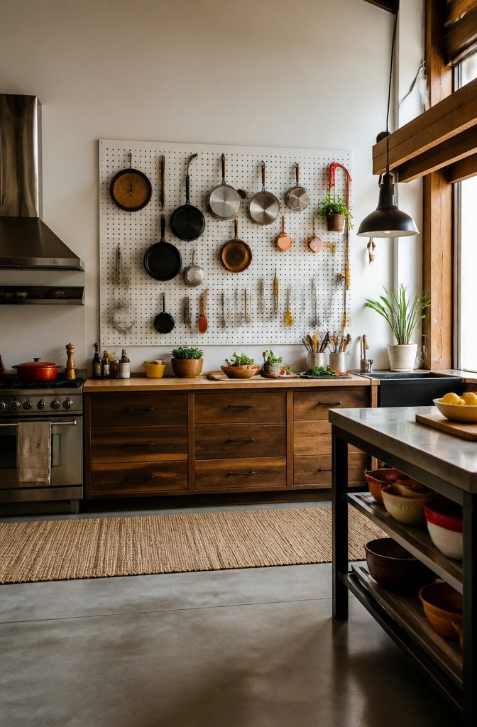 15 No Kitchen Cabinets Storage Ideas for 2026 11 A pegboard wall displaying various kitchen tools and utensils.
