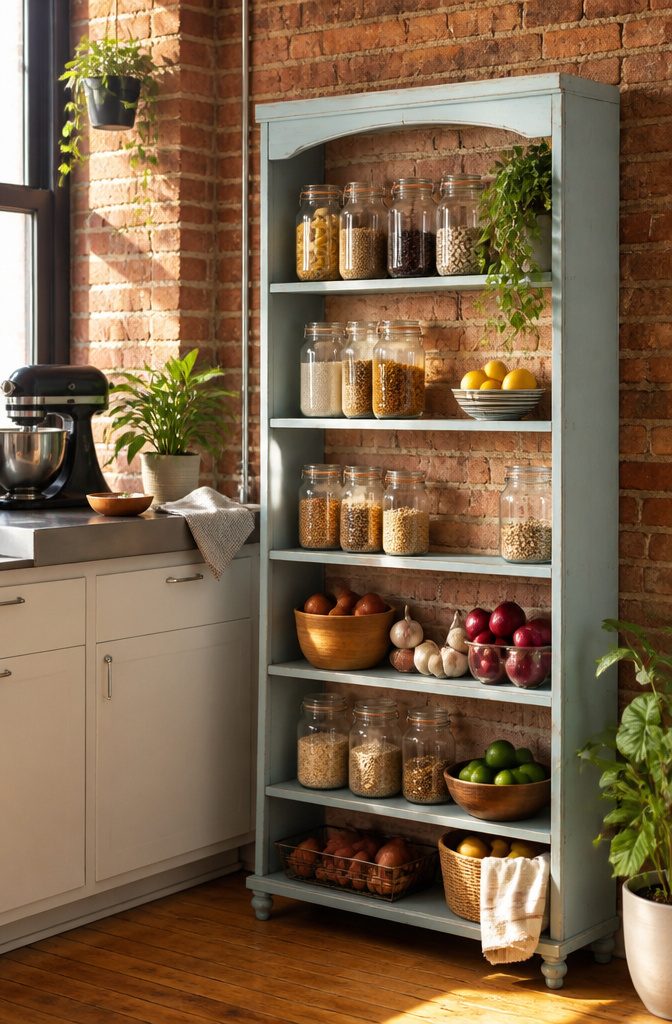 15 No Kitchen Cabinets Storage Ideas for 2026 17 A vintage bookcase displaying jars and fresh produce in a kitchen.