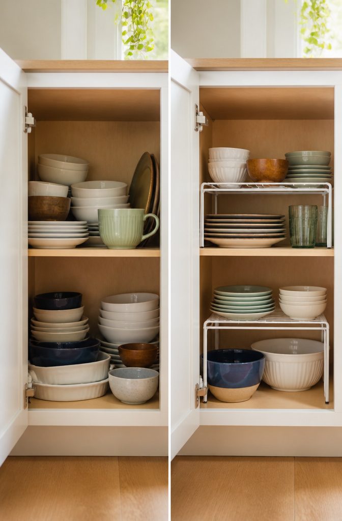 15 No Kitchen Cabinets Storage Ideas for 2026 8 Wire stacking shelf inserts creating additional tiers for plates.