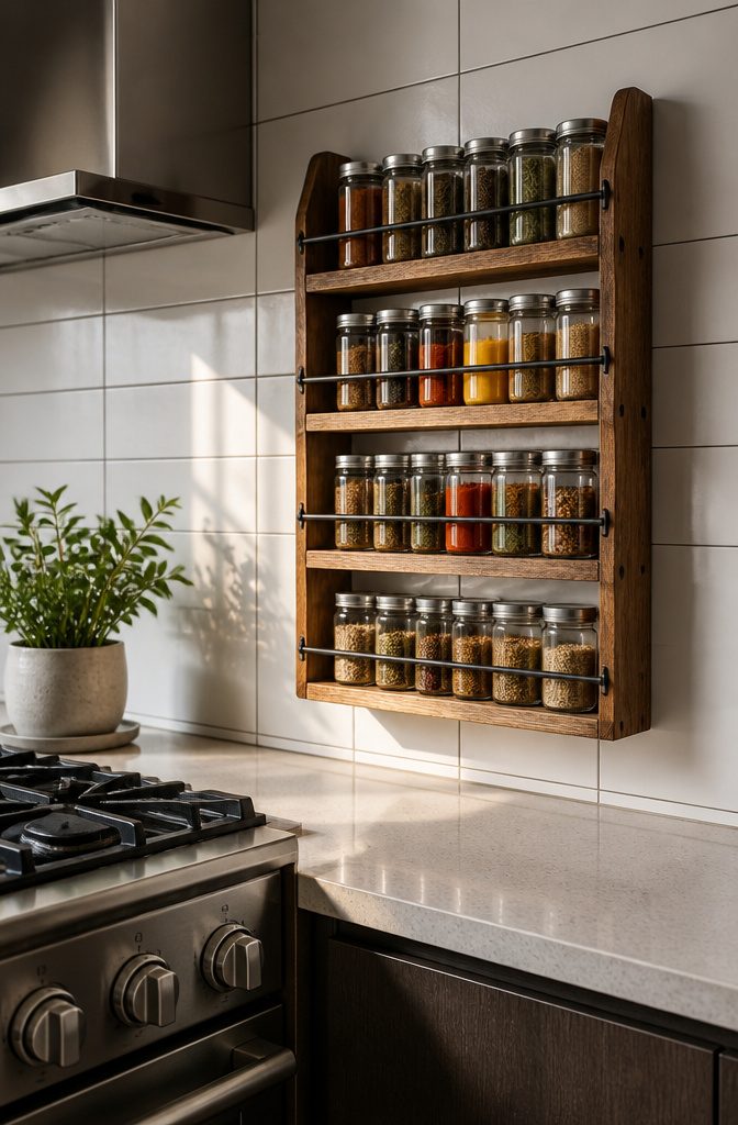 15 No Kitchen Cabinets Storage Ideas for 2026 3 A mounted spice rack filled with jars next to a kitchen stove.