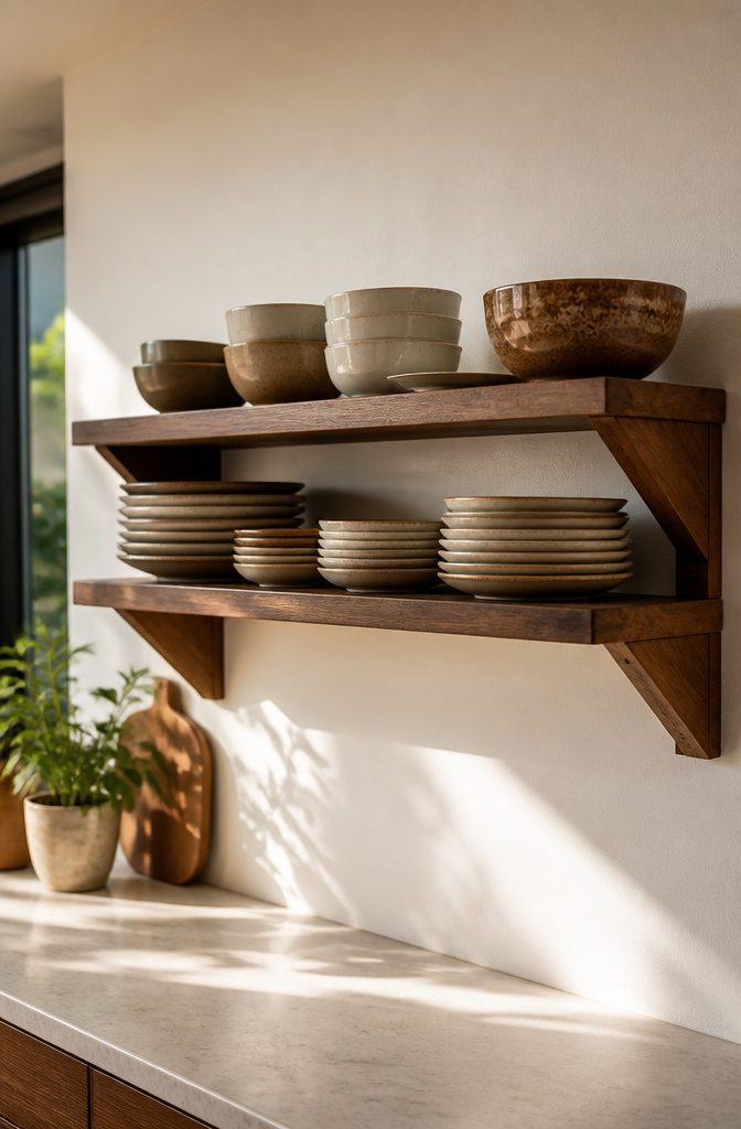15 No Kitchen Cabinets Storage Ideas for 2026 14 A sturdy wall-mounted shelf displaying stacked dinner plates.