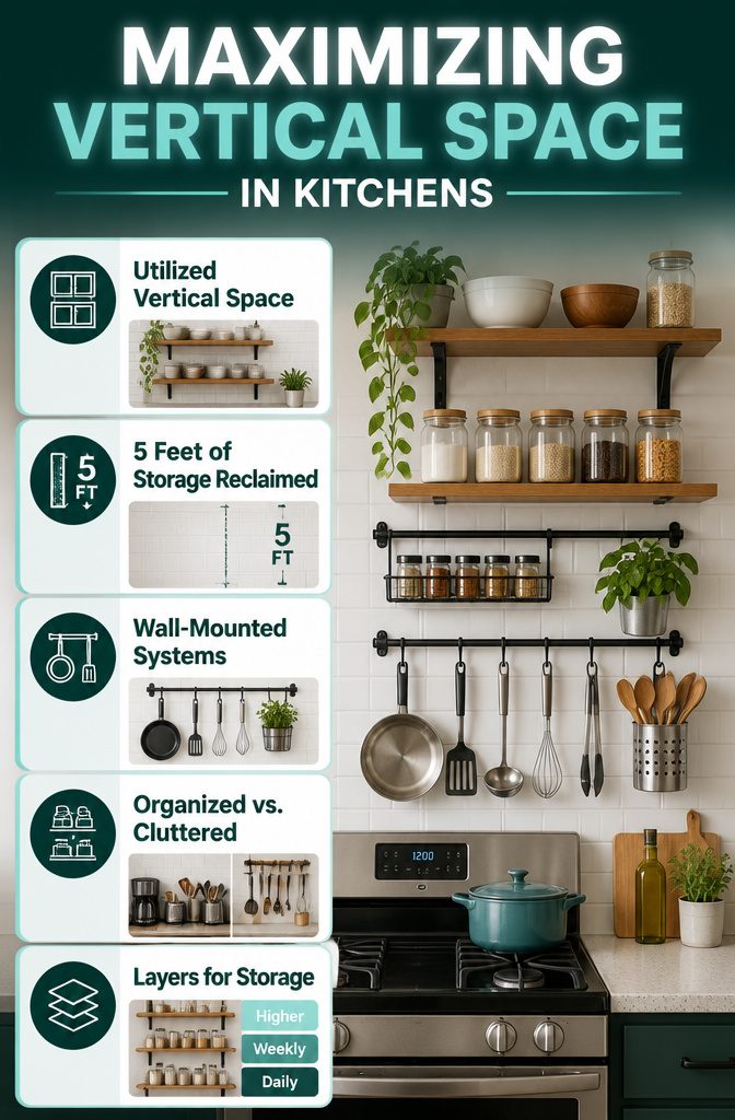 15 No Kitchen Cabinets Storage Ideas for 2026 16 An informational image about maximizing vertical space in kitchens.