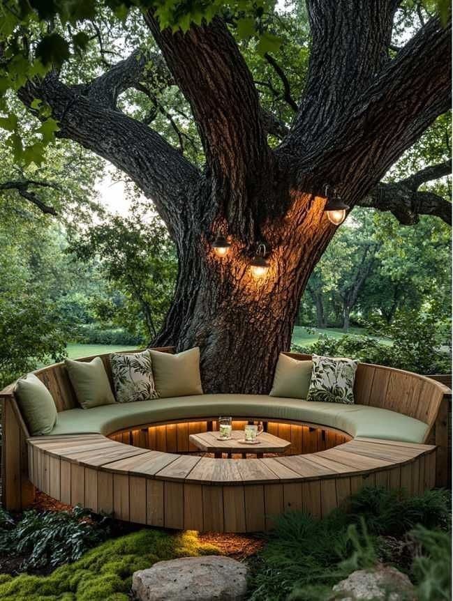 Circular wooden bench with cushions built around the base of a large tree in a garden.