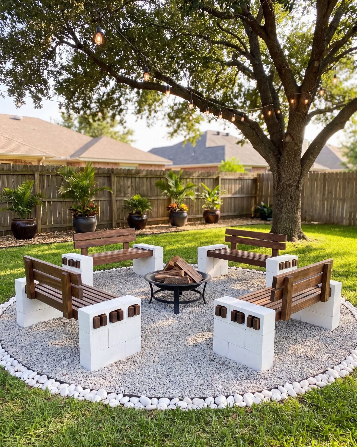 Wooden benches with cinder block bases arranged around a fire pit in a backyard.