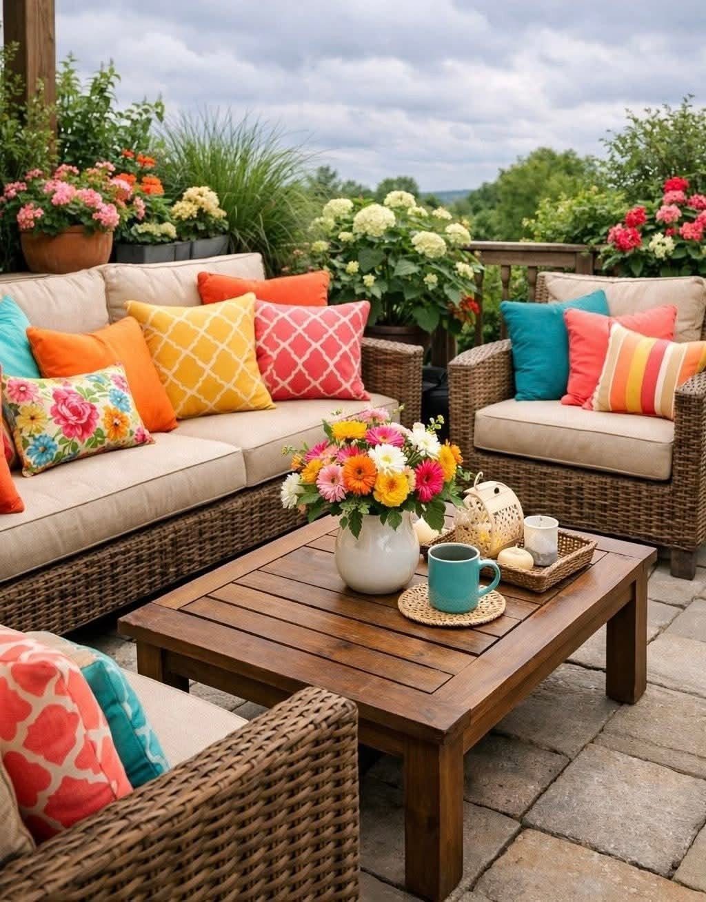 Wicker patio furniture with colorful cushions and a floral centerpiece on a wooden coffee table.