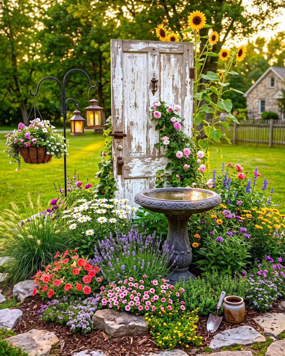 Colorful cottage garden flowers surrounding a weathered white wooden door and a stone birdbath.