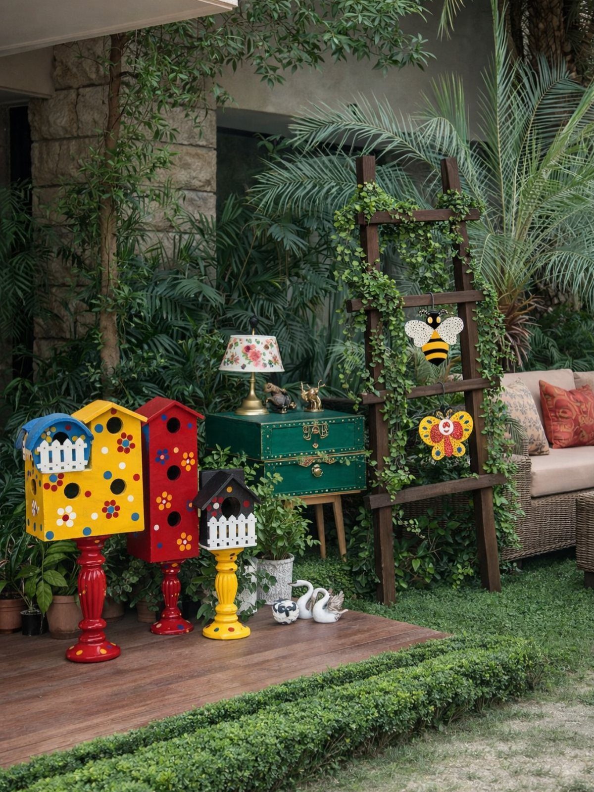 Colorful decorative birdhouses on stands positioned on a wooden deck in a lush garden.