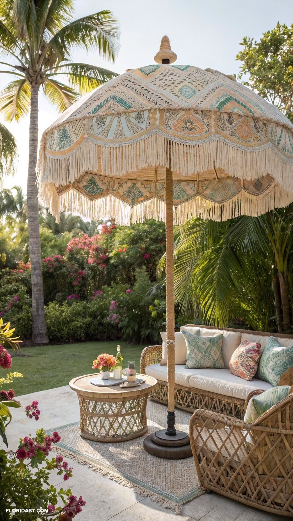 A fringed Balinese-style parasol shading a wicker patio furniture set in a tropical garden.