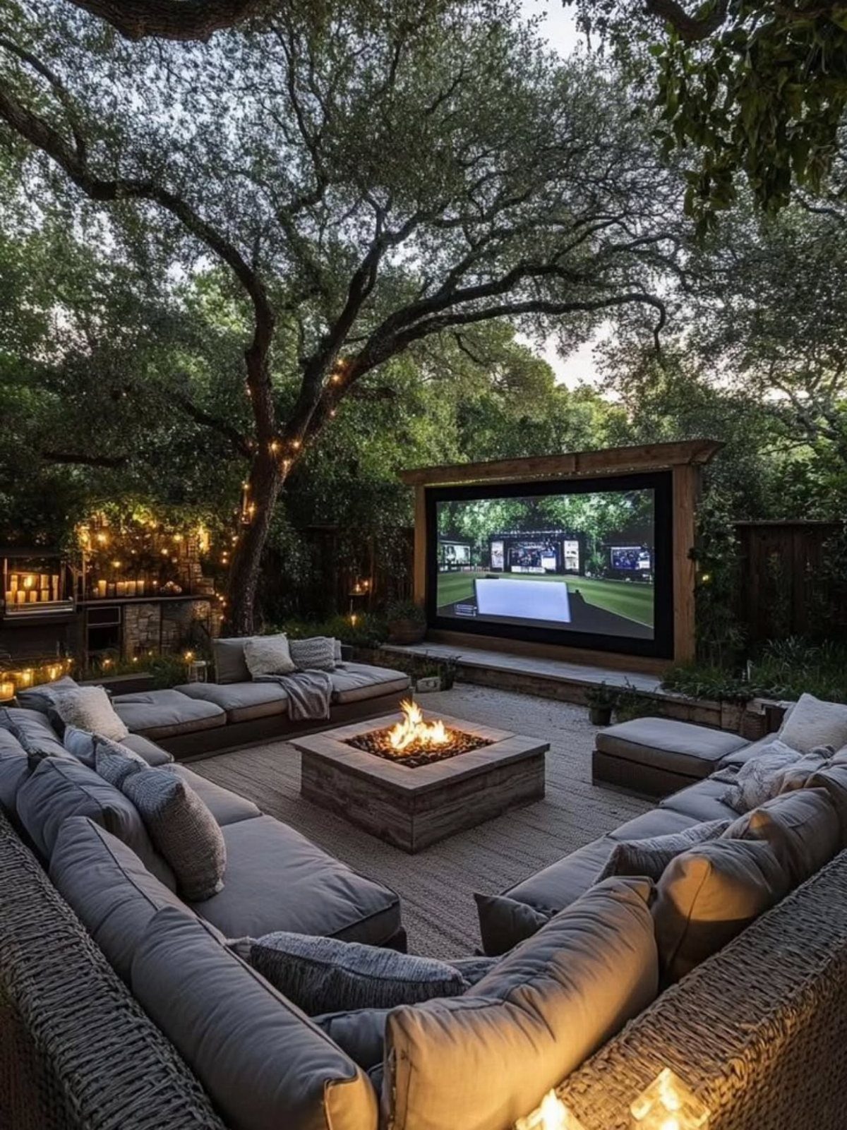 Grey sectional sofa surrounding a stone fire pit with an outdoor movie screen in a backyard.
