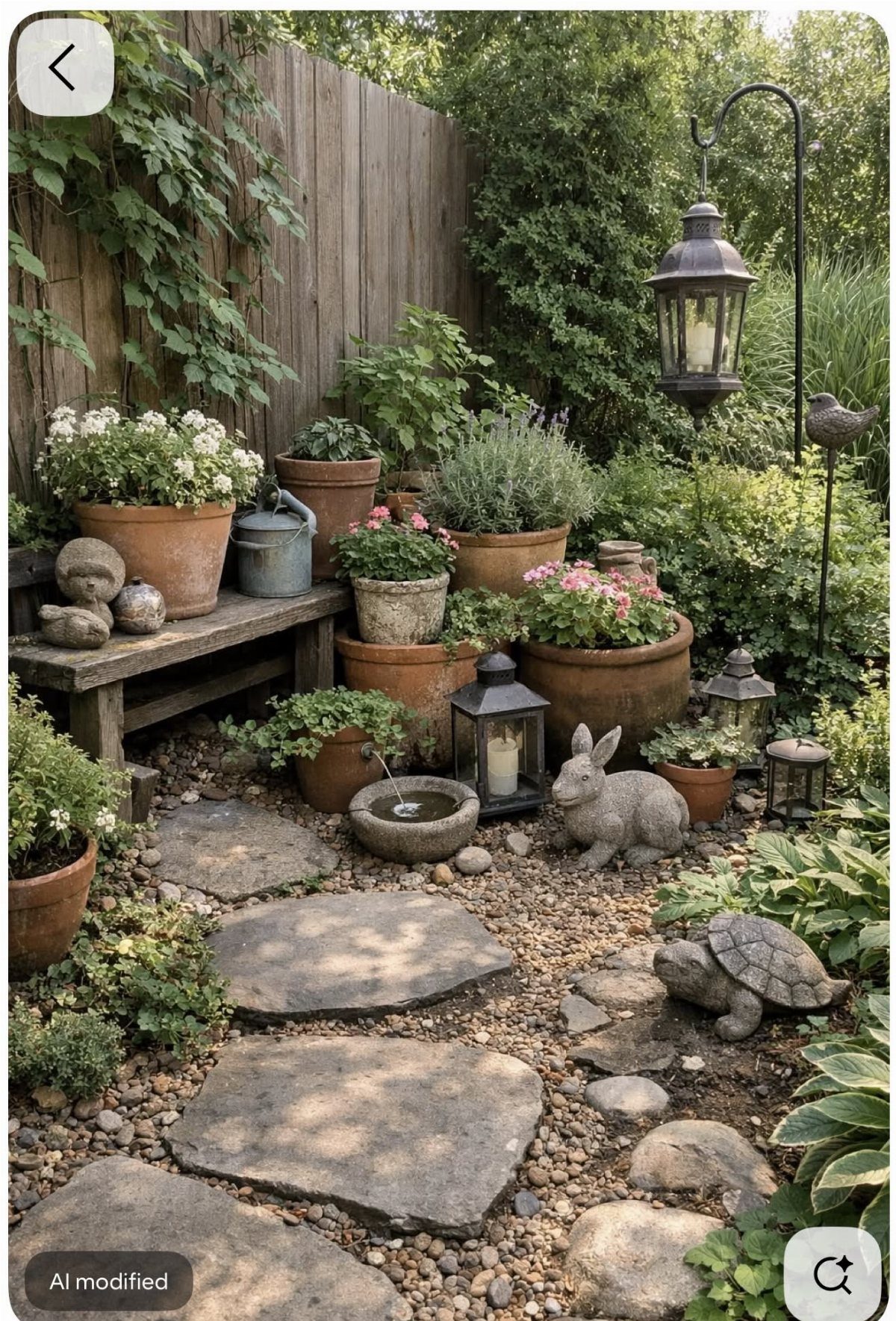 Terracotta pots filled with flowers and greenery arranged around stone pavers in a garden.