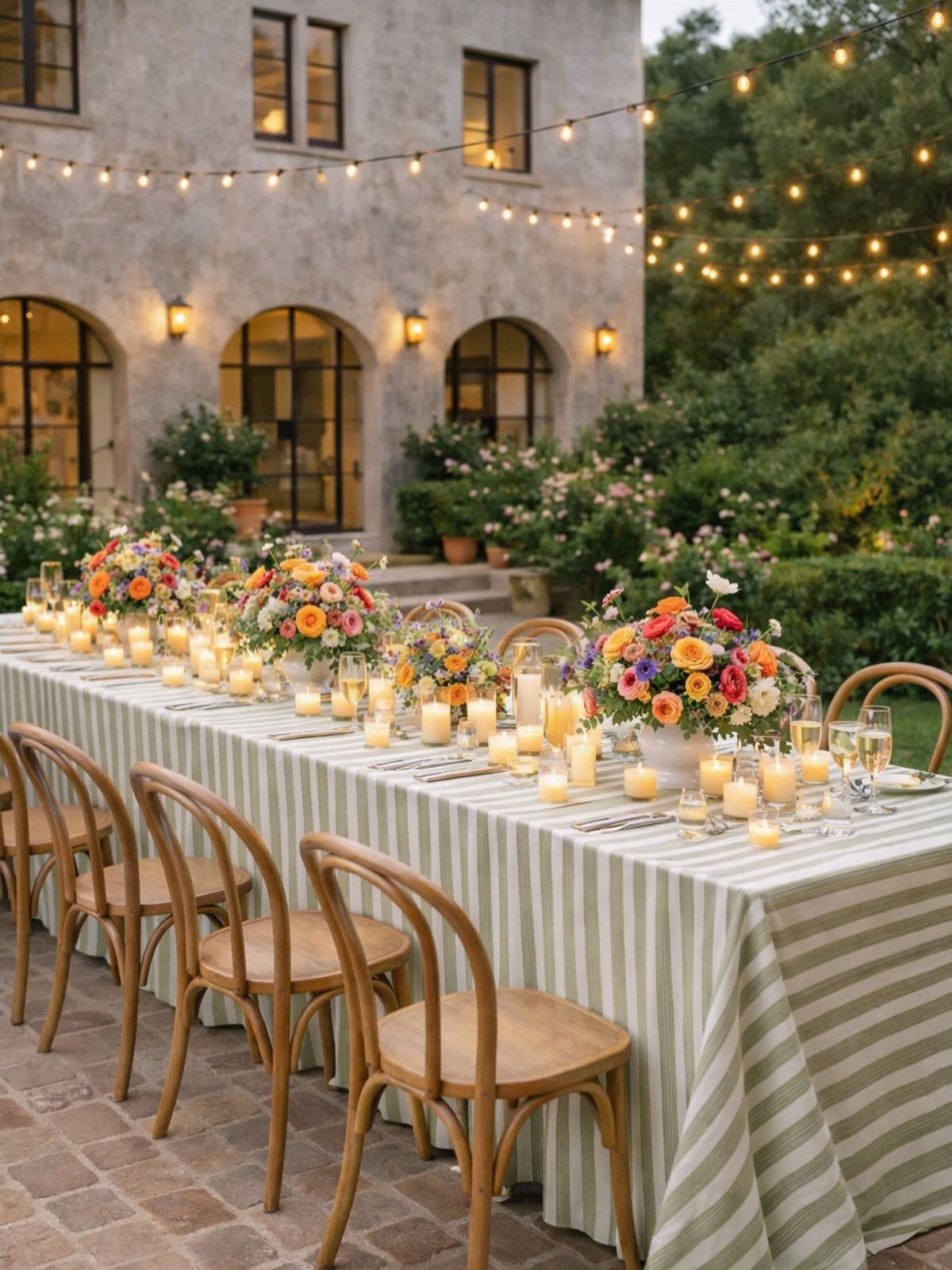 A long dining table with a green striped tablecloth and floral arrangements on a patio.