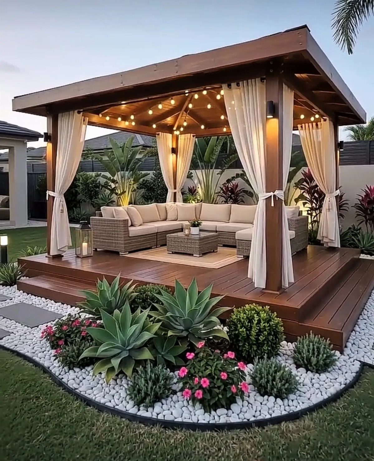 A wooden gazebo with comfortable sectional seating and flowing curtains on a raised backyard deck.