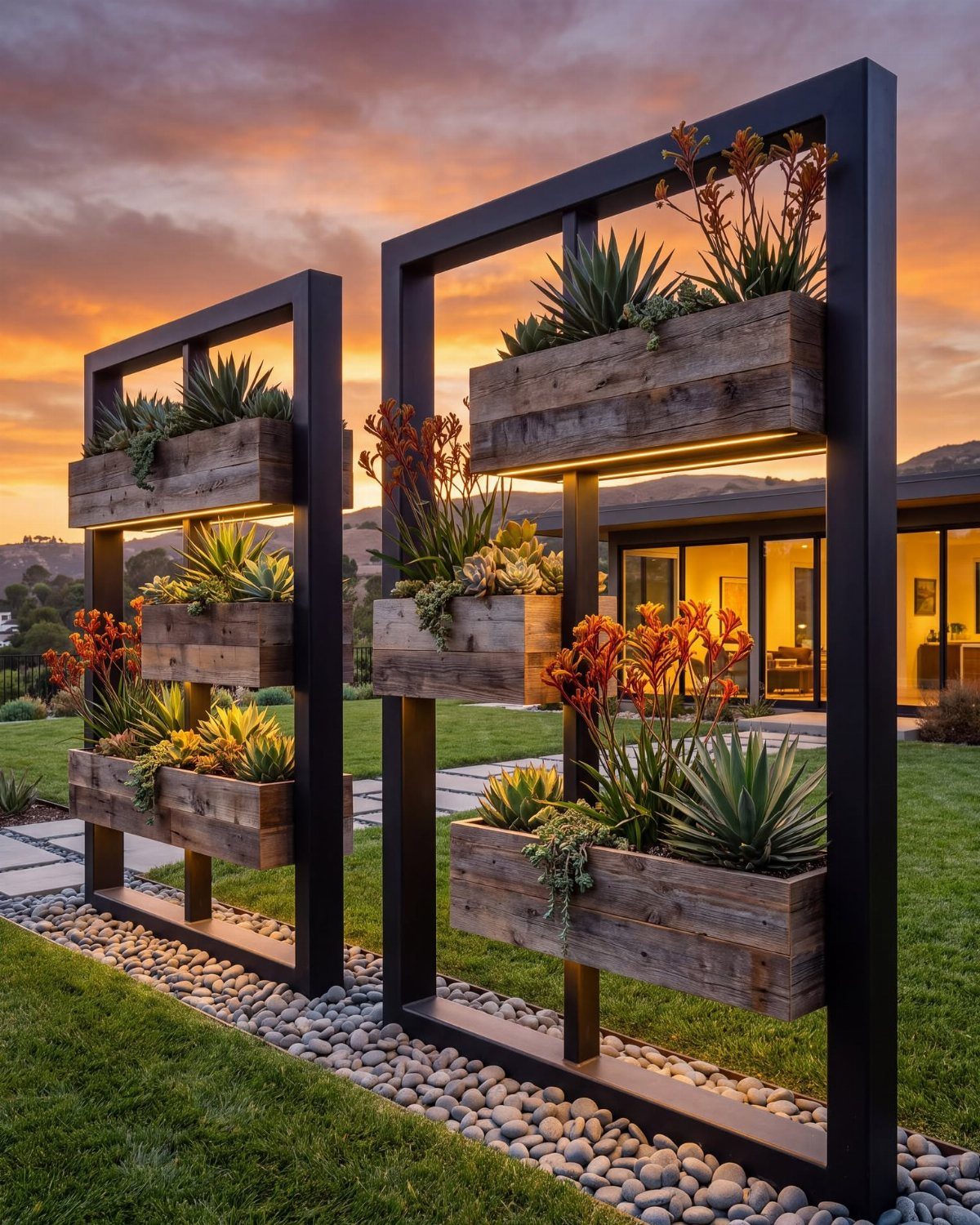 Modern black metal frames holding wooden raised planters with succulents and orange flowers at sunset.
