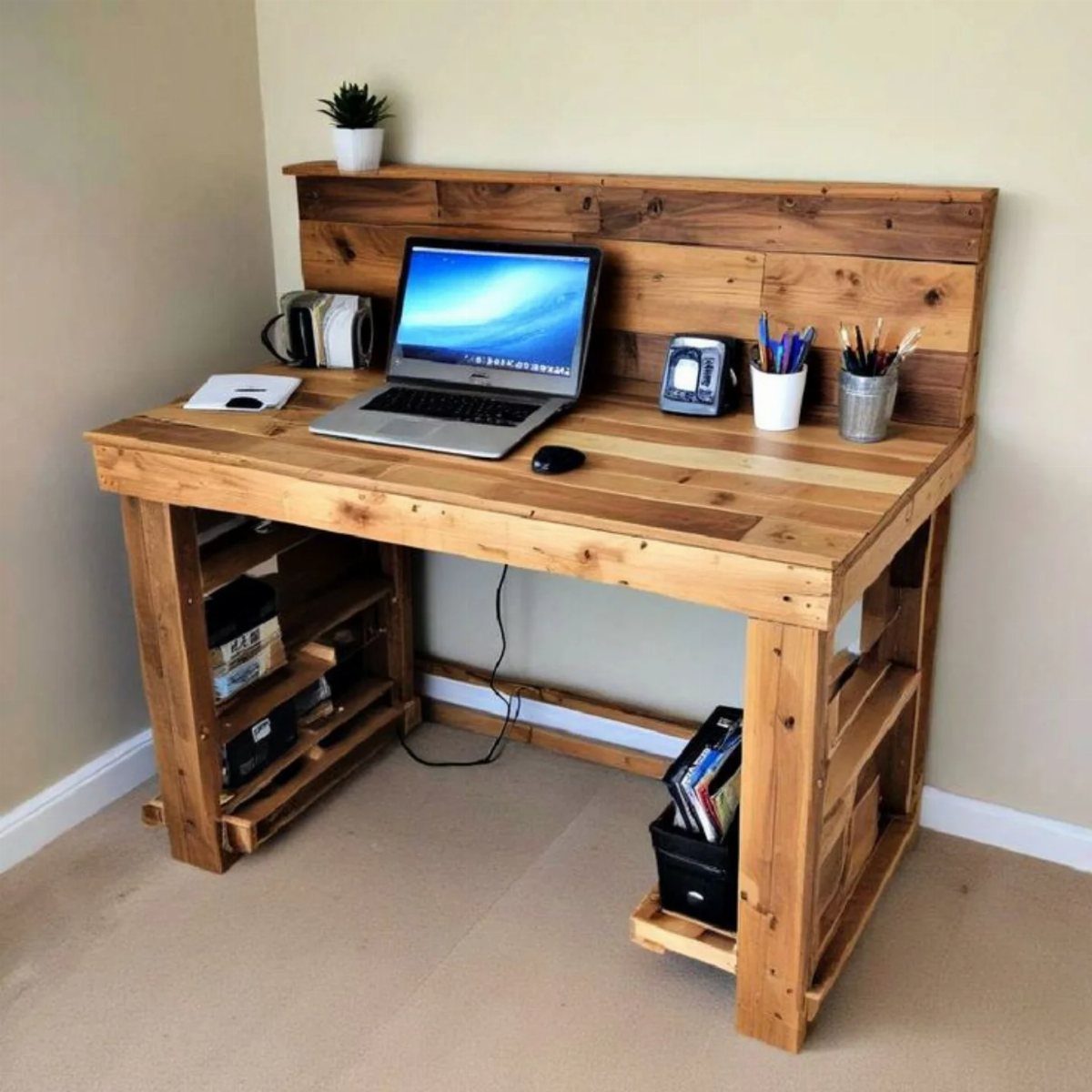 A handmade wooden desk constructed from pallets with a laptop and office supplies on top.