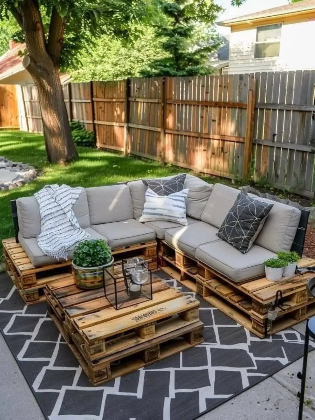 Pallet furniture outdoor seating arrangement with grey cushions and a matching coffee table on a rug.