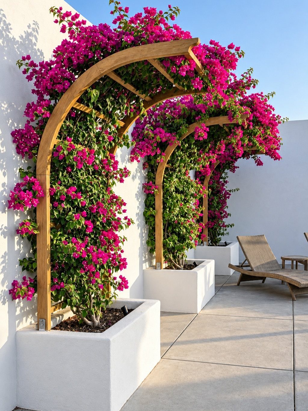 Pink bougainvillea flowers climbing wooden arched trellises in large white rectangular planters on a patio.