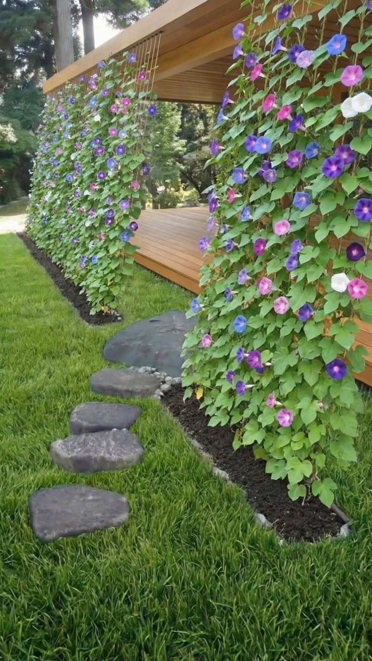 Purple and pink morning glory flowers climbing a wooden patio structure next to a stone path.