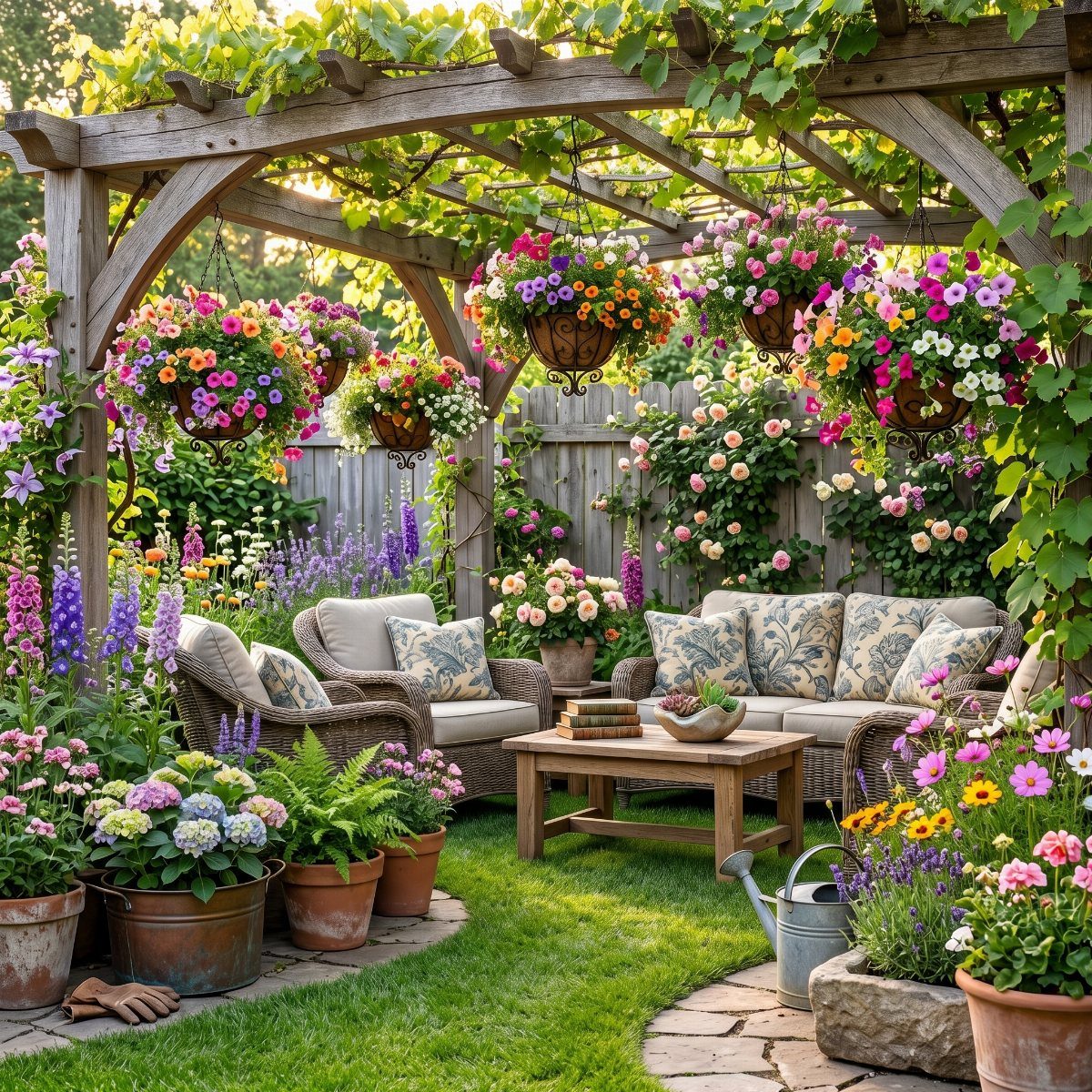 Colorful hanging flower baskets and potted plants surround wicker patio furniture under a wooden pergola.