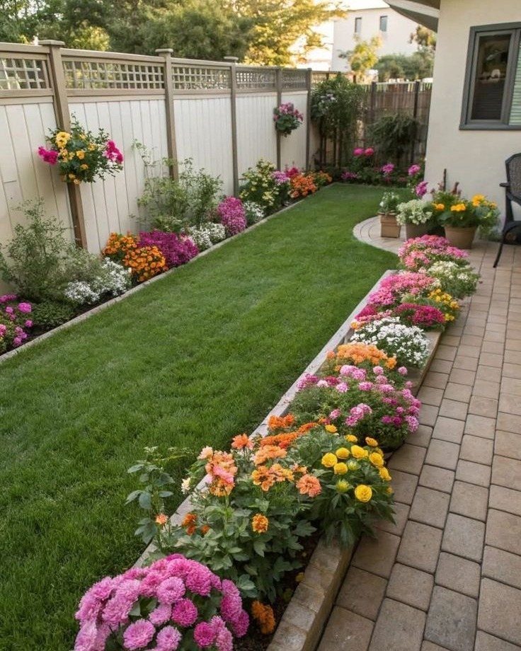 Colorful flower beds border a narrow green lawn next to a stone patio and fence.