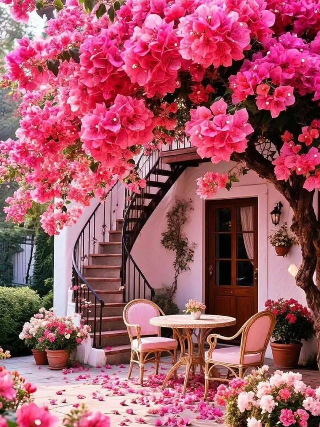Pink bougainvillea flowers cascading over a patio with a small table, two chairs, and a spiral staircase.