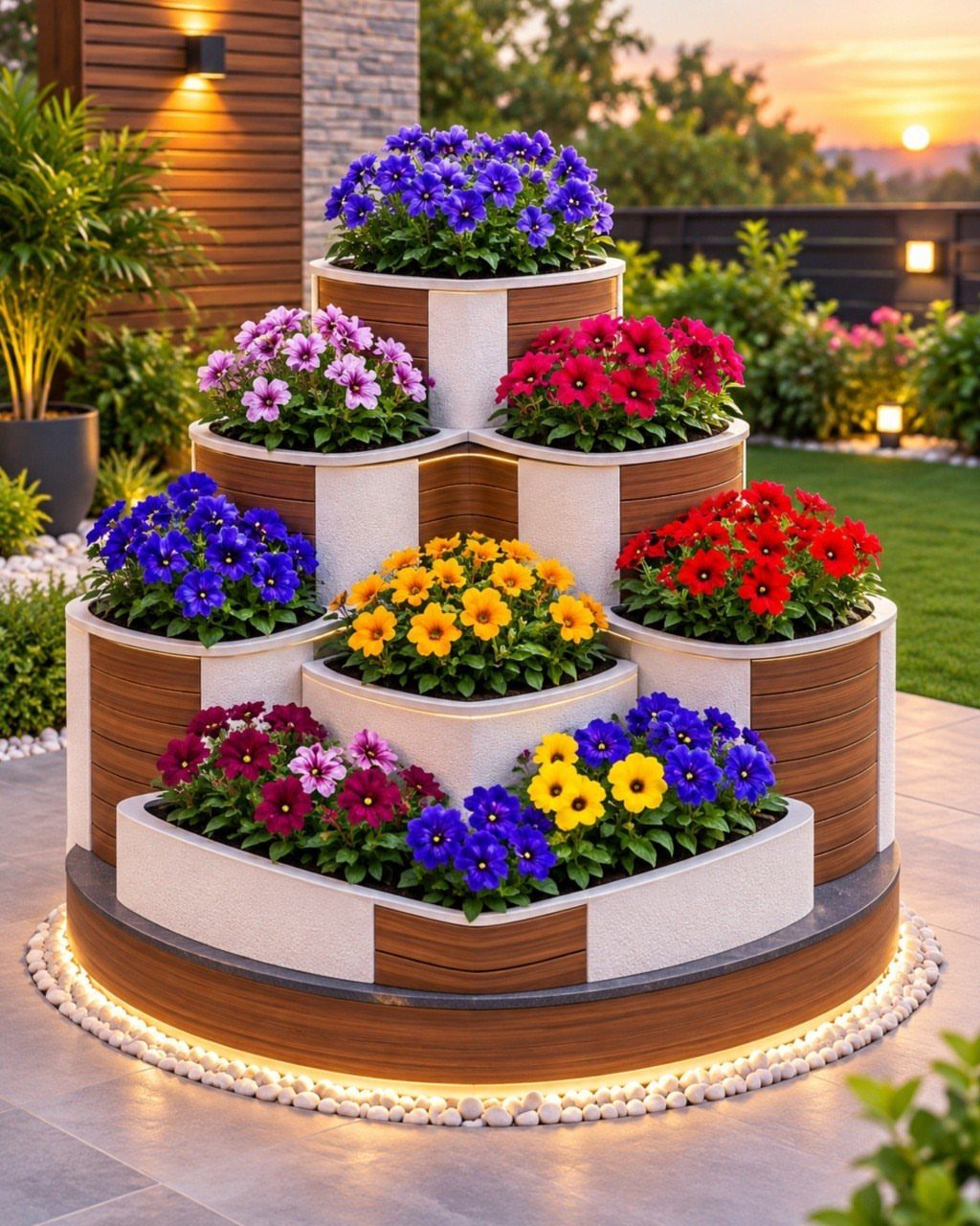 Tiered circular planters filled with colorful blooming flowers on a lit patio at sunset.