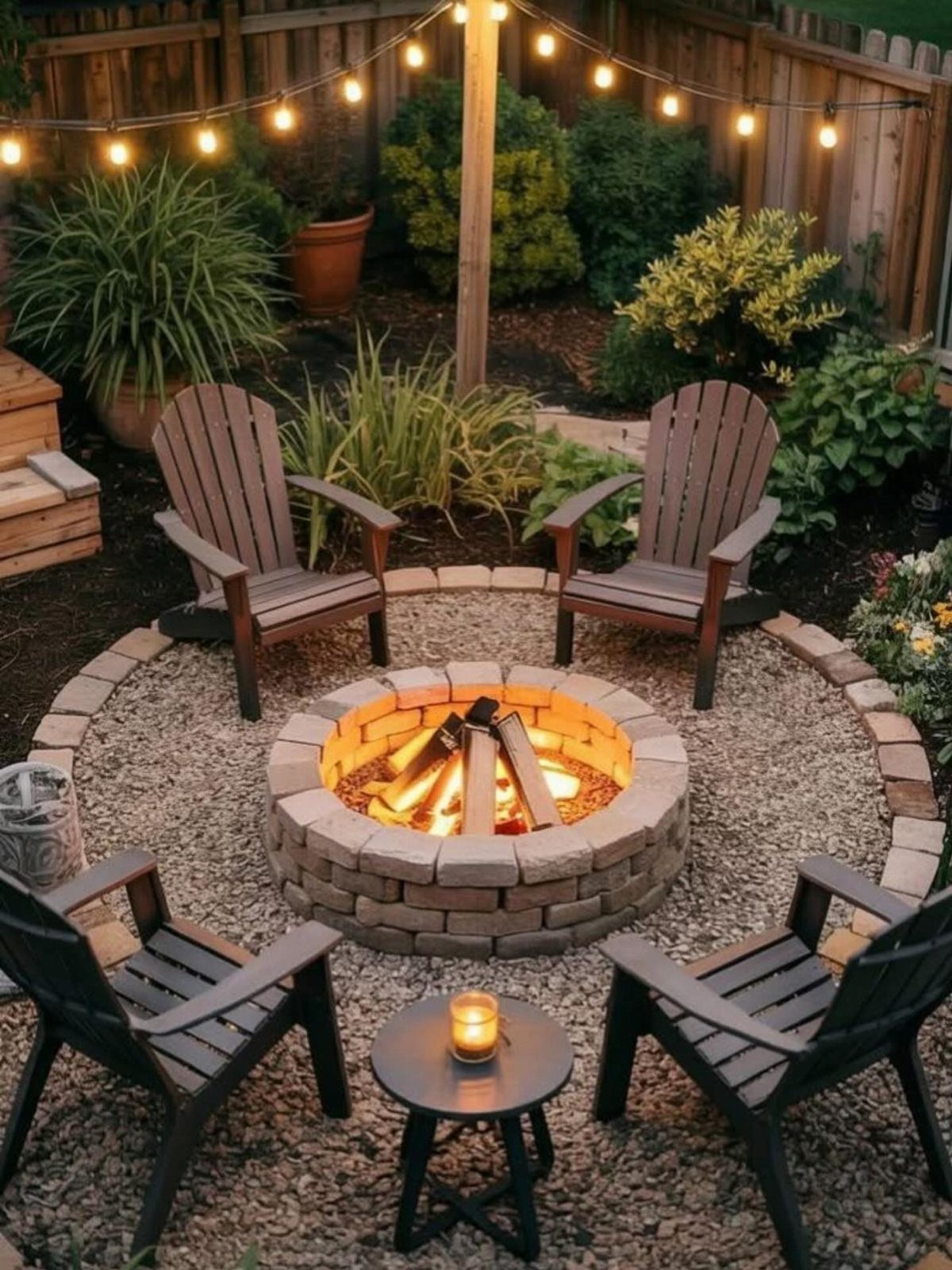 A stone fire pit with burning logs surrounded by wooden Adirondack chairs on gravel.